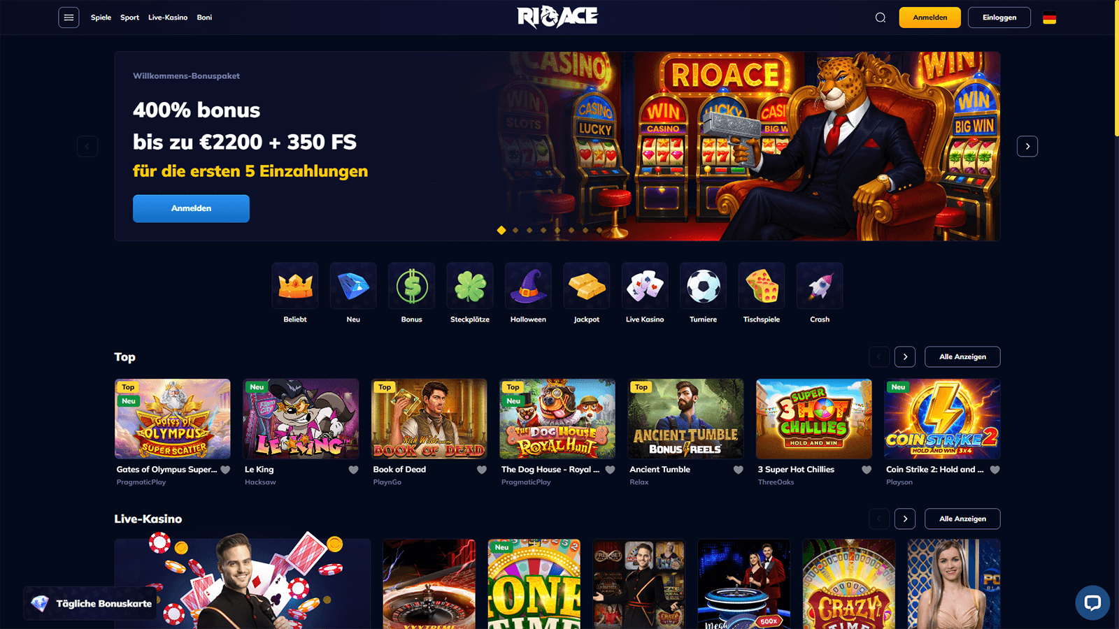 RioAce Casino Homepage in Deutschland