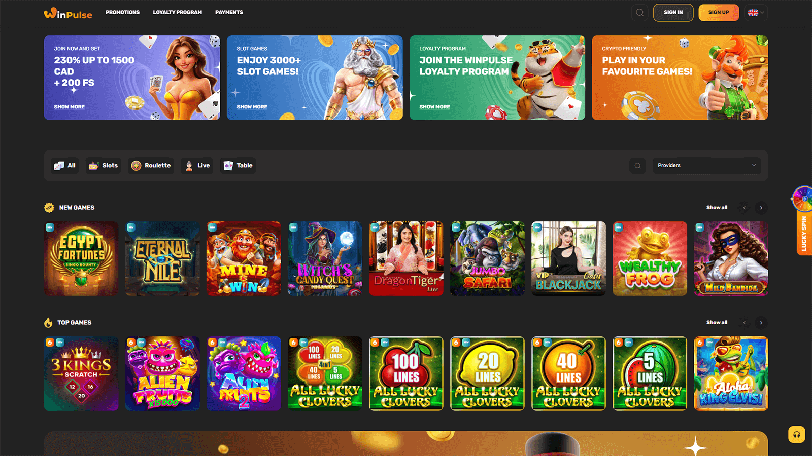 WinPulse Casino Homepage