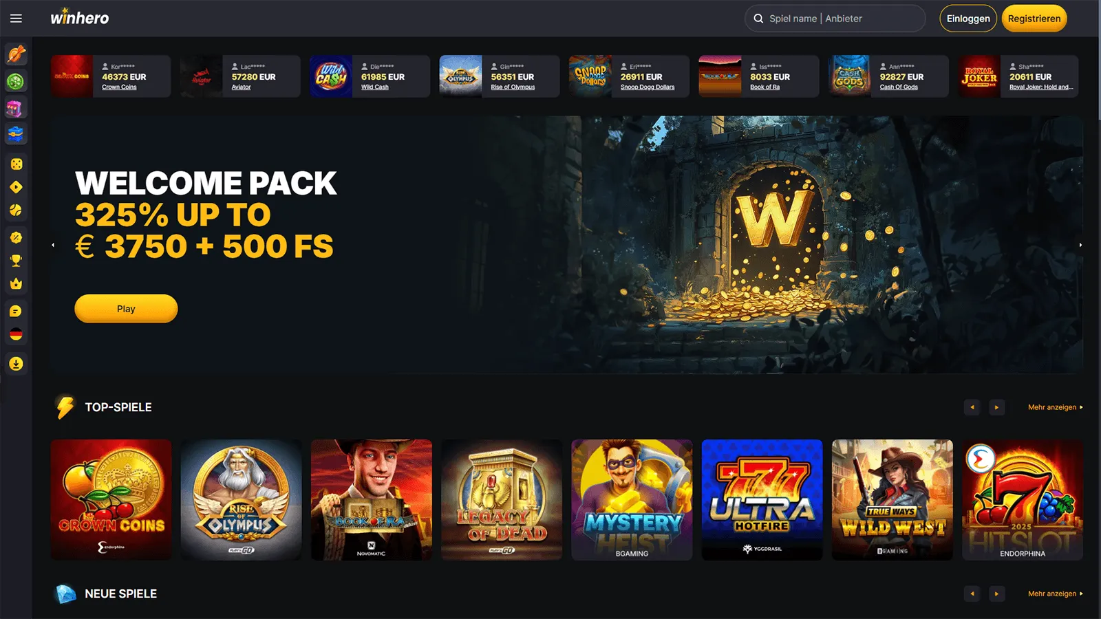 WinHero Casino Startseite in Deutschland